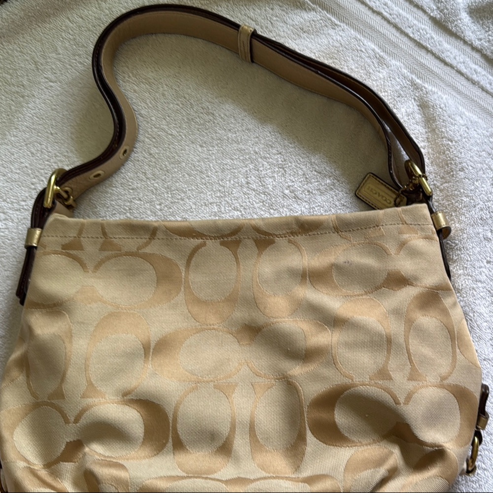 Coach Tan Signature Shoulder Bag with Monogram Pattern